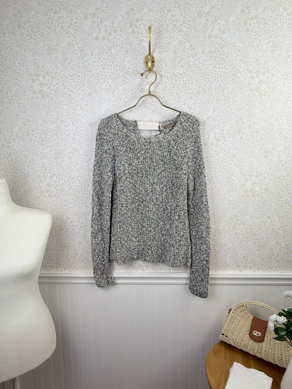 Lilla P Chunky Green and White Marled Knit Keyhole Back Sweater - Size - Medium